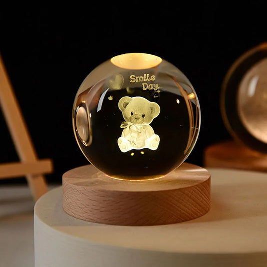 Wengonvila Teddy Bear Crystal Ball,2.4 inch Glass Ball Night Lamp with Led Woodern